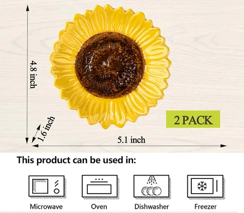 Vista 3 de Soporte de cuchara de cerámica en forma de girasol - 2 piezas para estufa y mostrador