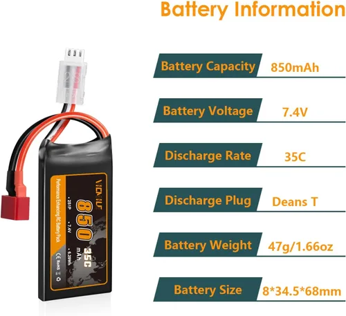 Vista 2 de Batería Lipo de 7.4V Super Thin 2S 850mAh RC Batería con Dean-Style T Plug 35C Alta tasa de descarga recargable Ajuste para DEERC WLtoys HBX Most