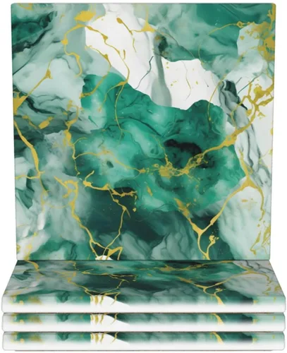 Vista 10 de Abstract Green and Gold Marble Ceramic Coaster Set of 4
