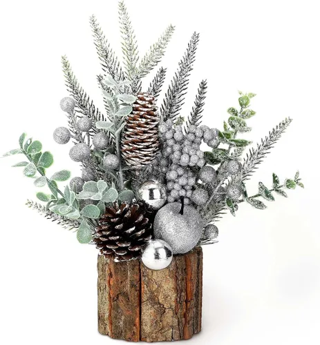 Vista 11 de Pequeño árbol de Navidad de mesa artificial, mini decoraciones de árbol de Navidad con adornos navideños, bayas rojas, piñas, vegetación para hogar