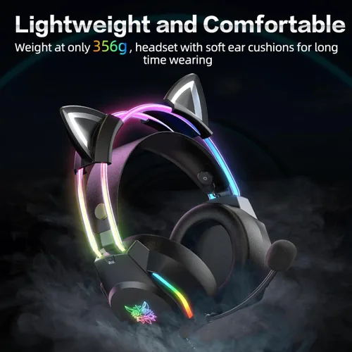 Vista 5 de Auriculares para juegos con micrófono, auriculares con orejas de gato para PC, portátil, PS4, PS5, Xbox, interruptor, iluminación RGB arcoíris