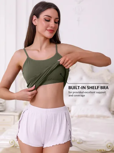 Vista 5 de ATTRACO Camisola de algodón con brasier de estante para mujer con tirantes de espagueti sin mangas #1 verde militar/negro