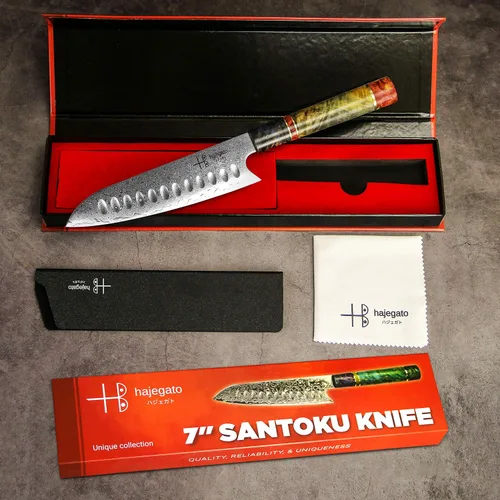 Vista 2 de Cuchillo de chef de Damasco Santoku único, de una pieza, mango profesional, cuchillo de cocina japonés de 7 pulgadas, VG10 de 67 capas de acero