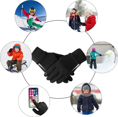 Vista 6 de Guantes de invierno para niños, resistentes al agua, con forro suave, para pantalla táctil, para niños y niñas, de 3 a 15 años, color negro