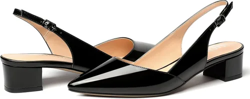 Vista 6 de MERRORI Zapatos de vestir con espalda cruzada para mujer, tacón bajo grueso, de patente, sin cordones, punta puntiaguda, zapatos de tacón bajo, 1.5