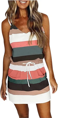 Vista 26 de Vestido de verano a rayas para mujer, sin mangas, con tirantes halter y bolsillos