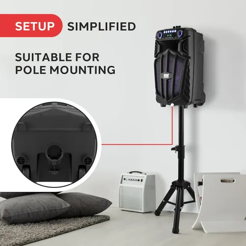 Vista 4 de Pyle 680W Portable Bluetooth PA Speaker - 10" Rechargeable Outdoor Karaoke Speaker, Audio System w/Wireless Mic and Wheels, TWS, Lights, LED
