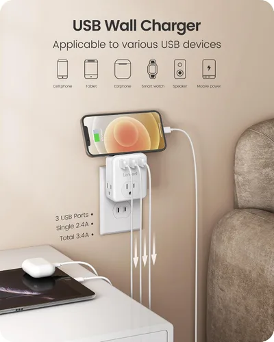 Vista 4 de LENCENT Adaptador de 3 clavijas a 2 clavijas, paquete de 2, extensor de 3 tomas de corriente con 3 puertos USB, cargador de pared, divisor extensor