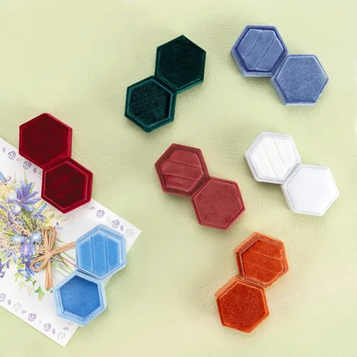 Vista 3 de Smileshe Caja para anillos, cajas de joyería de terciopelo para propuesta, compromiso, ceremonia de boda, caja hexagonal con ranura de doble anillo