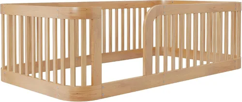 Vista 7 de Merax Cama de plataforma de tamaño individual, marco de cama de piso de madera con valla, natural
