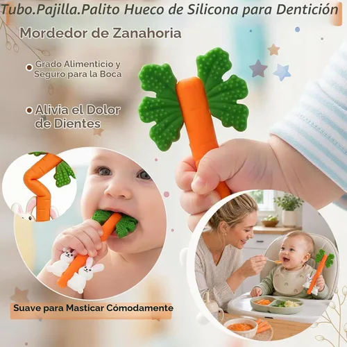 Vista 3 de Juguetes de dentición para bebés, tubos de dentición huecos de conejo de zanahoria de silicona Sensory Chew Toys Over 3 Months - Teether Straws for