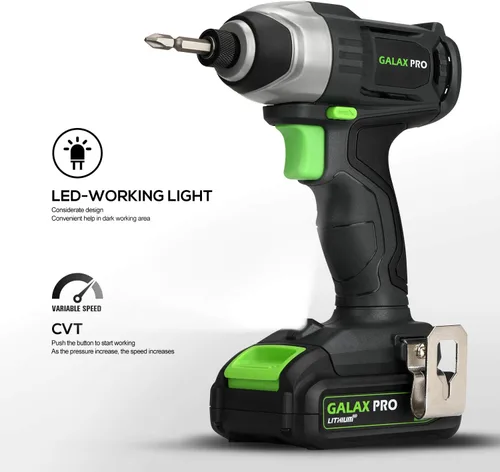 Vista 2 de GALAX PRO Impact Driver - Controlador inalámbrico hexagonal de iones de litio de 20 V de 1/4 pulgadas con luz de trabajo LED, 6 puntas