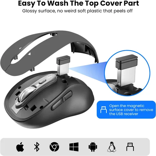 Vista 7 de Ratón Bluetooth inalámbrico, mouse Ergo para computadora multidispositivo, desplazamiento estupendo de metal de 4 vías, ± 3200 DPI, 10 botones, Plug