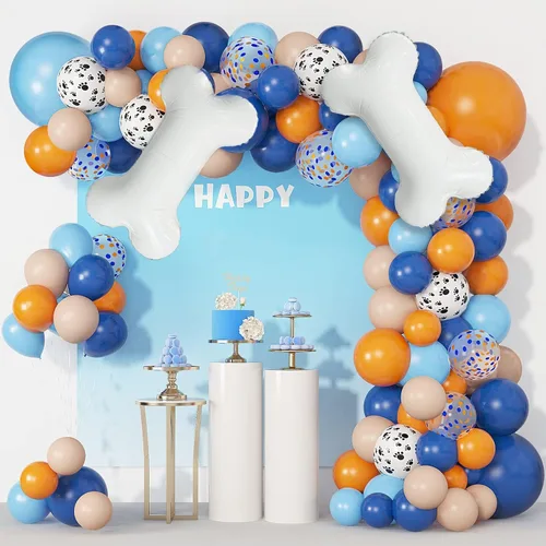Vista 8 de Juego de 118 globos azules y naranjas de tercer cumpleaños, globos de pata de perro, suministros para fiestas de cumpleaños Blue3