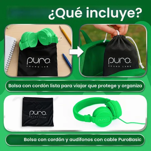 Vista 6 de Puro Sound Labs - Kids Headphones, Volume-Limiting 85dB, PuroBasic, Green Verde
