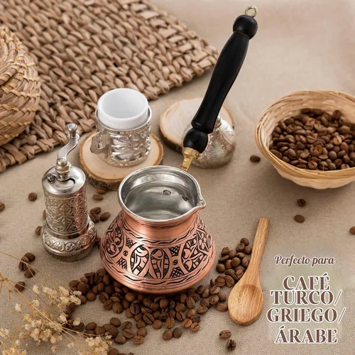 Vista 6 de Cafetera turca griega árabe de cobre de 12 onzas con mango de madera (4 tazas), Cezve, Ibrik, cafetera griega Briki, cafetera turca martillada