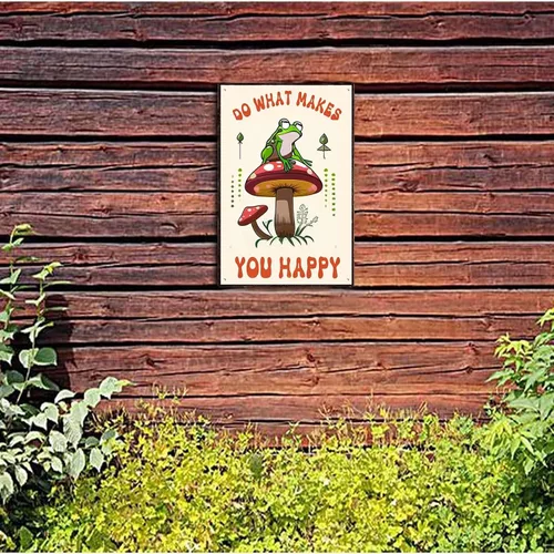 Vista 6 de xitangyouyu Letrero de metal con texto en inglés "Do What Makes You Happy Happy Funny Halloween Frog Mushroom Metal Tin Decoration" para decoración