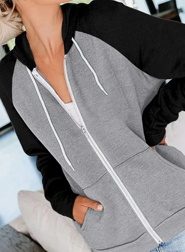 Vista 2 de INFITTY Sudadera casual con capucha y bolsillo para mujer, manga larga, con cremallera, ligera, con bloques