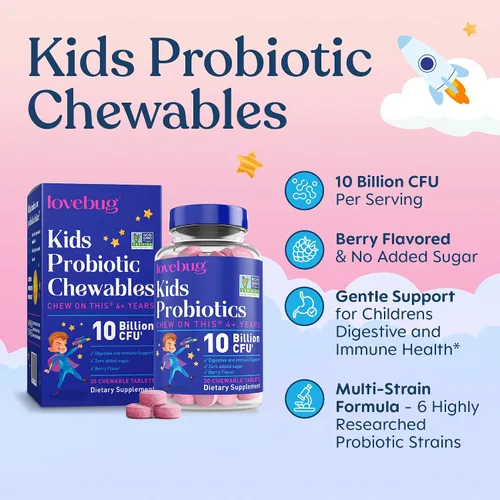 Vista 2 de LOVEBUG - Probióticos para niños – Gomitas masticables con fibra prebiótica para niños de 4 años en adelante, suplemento diario para la salud