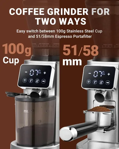 Vista 6 de AMZCHEF Molinillo de Café, Molinillo de Granos de Café con Rebaba para Uso Doméstico con 48 Configuraciones de Molienda Precisas, Embudo Desmontable