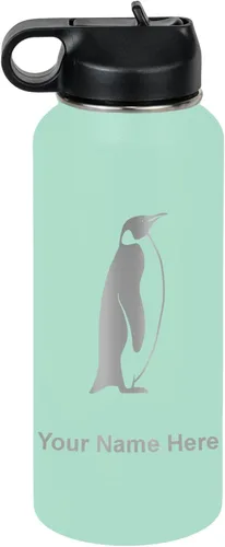 Vista 66 de LaserGram Botella de agua personalizada, pingüino, acero inoxidable de doble pared aislada al vacío con popote superior, regalo grabado