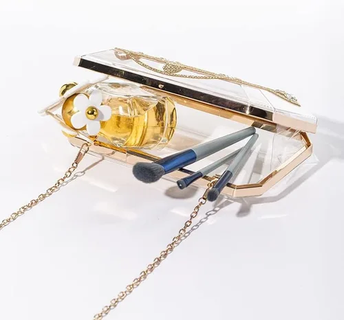 Vista 5 de ZLXDP - Bolso de mano de noche para mujer, diseño de flores doradas, carteras de boda, acrílico para fiesta, cena, con bolsas de hombro transparentes