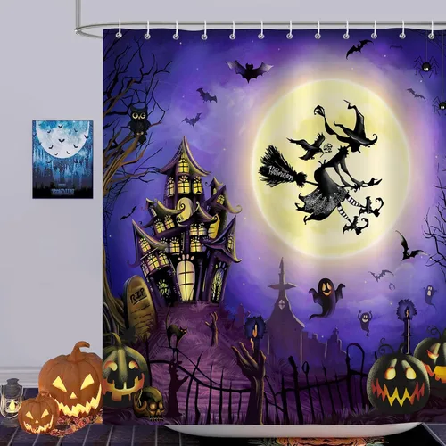 Vista 9 de Bonhause Cortina de ducha gótica de Halloween, rosa, 72x72, poliéster impermeable Rosa Halloween