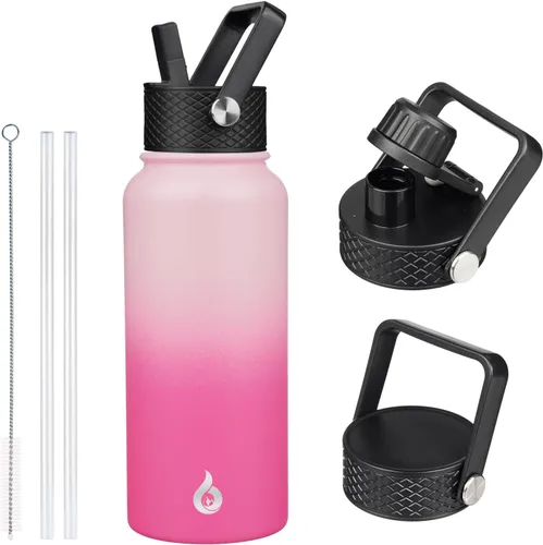 Vista 59 de BJPKPK Botellas de Agua Aisladas con Tapa de Pajita, Botella de Agua de Acero Inoxidable de 18oz, Termo Frío Caliente con 3 Tapas, Vaso de Viaje a