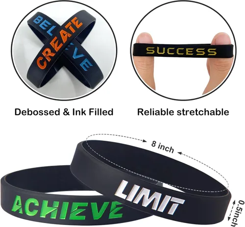 Vista 4 de 12 pulseras motivacionales de silicona con mensajes inspiradores para hombres y mujeres, pulseras de goma de élite, pulseras de equipo atlético