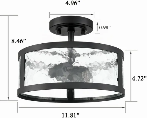 Vista 5 de Moose Lámpara de techo semiempotrada negra de 2 luces con vidrio martillado
