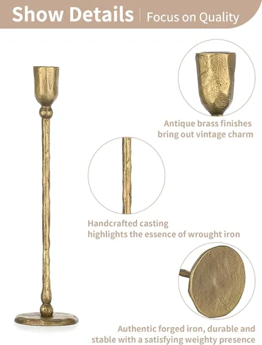 Vista 7 de NUPTIO Portavelas Cónicos de Hierro: Candelabro de Latón Antiguo para Fiesta de Acción de Gracias y Navidad - Juego de 3 Portavelas Altos Dorados