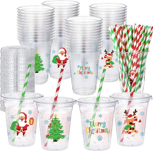 Vista 10 de Sliner 50 juegos de vasos de plástico a cuadros de 16 onzas con tapas y pajitas de papel, vasos desechables transparentes para fiesta de autos