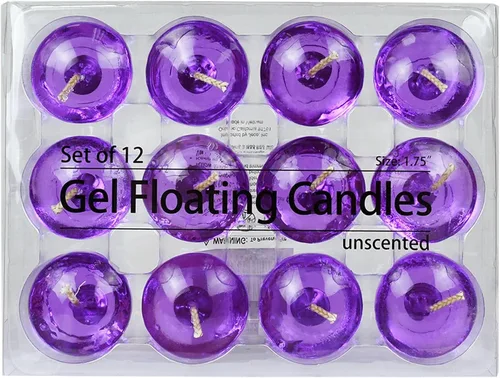 Vista 2 de Zest Candle Velas flotantes de 12 piezas, 1.75 pulgadas, gel morado transparente