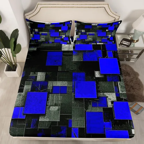 Vista 2 de Feelyou Juego de sábanas para niños, color azul y negro, tamaño individual, juego de sábanas geométricas de cuadrícula geométrica con sábana bajera