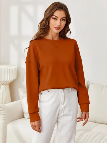 Vista 3 de Glamaker Sudadera básica corta para mujer, estilo básico Air Essentials, cuello redondo, manga larga, estilo casual, ajuste holgado, 2023