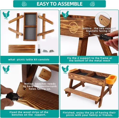 Vista 6 de Mesa de picnic de pollo, comedero de pollo sin desperdicios hecho a mano de madera carbonizada, kit grande de comedero de pollo para bricolaje