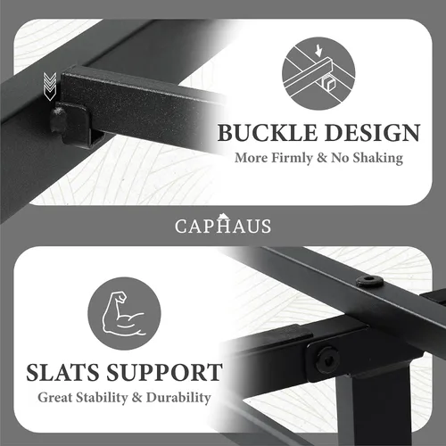 Vista 3 de CAPHAUS Base de cama de metal con cabecera y estribo de madera, plataforma de metal con marco de acero de primera calidad, base de colchón, sin