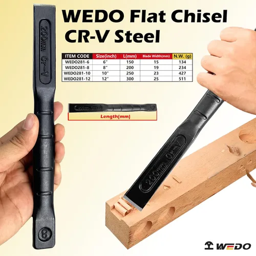 Vista 2 de WEDO Cincel plano, grado industrial, tamaño 8 pulgadas, longitud 7.874 in, acero CR-V, forjado a presión, tratamiento térmico, pulido negro
