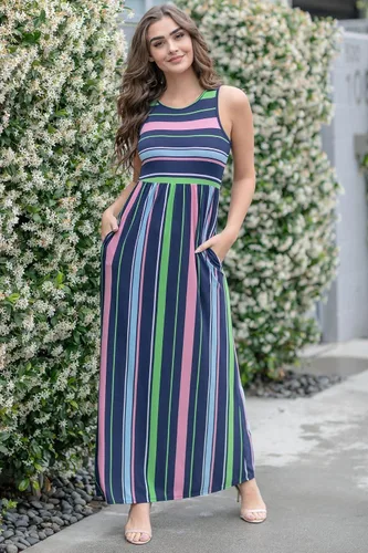 Vista 3 de Eloges - Vestido largo sin mangas con múltiples rayas para mujer S-3X Plus
