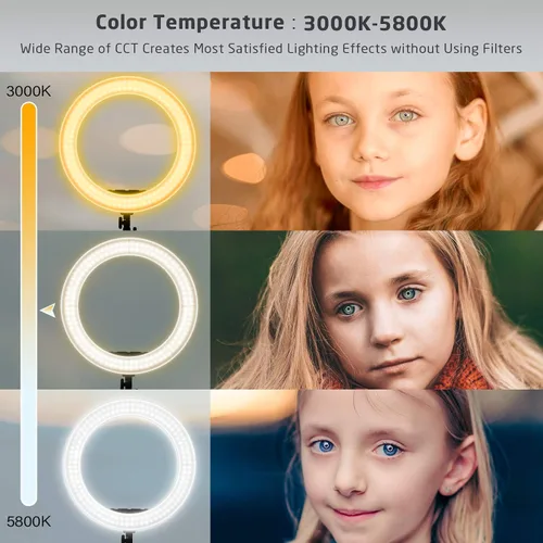 Vista 3 de Anillo de luz de 18 pulgadas con soporte, 60 W bicolor 3000-5800K anillo de luces profesionales con trípode para maquillaje Vlog, anillo grande