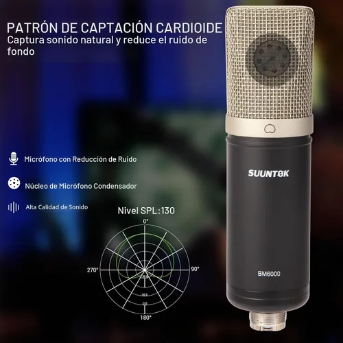 Vista 5 de SUUNTOK Micrófono de condensador XLR, kit de micrófono cardioide profesional de diafragma grande para grabación con montaje de choque, para estudio