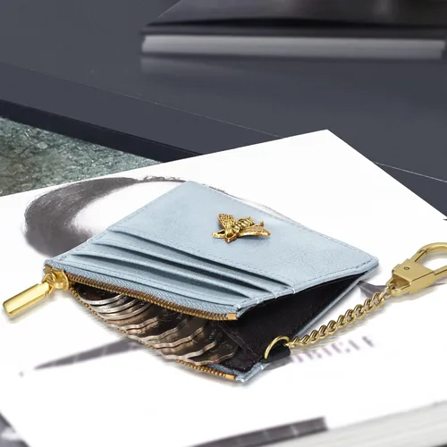 Vista 6 de seavilia Tarjetero para mujeres y hombres con ventana de identificación, Rfid pequeña abeja minimalista cartera delgada, Azul, Minimalista