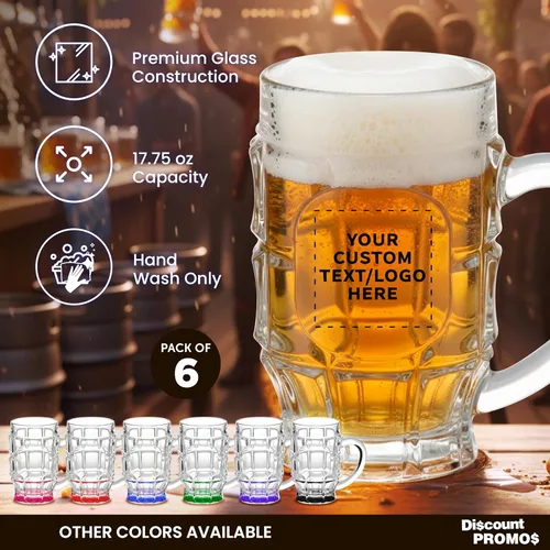 Vista 2 de Juego de 6 tazas de cerveza de vidrio con hoyuelos personalizadas, paquete a granel personalizado, utensilios de bar, ideales para festivales
