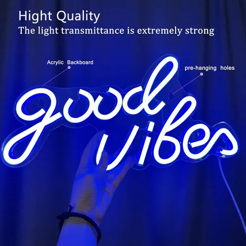 Vista 4 de Good Vibes - Letrero de neón LED para decoración de pared, luces de neón azules para dormitorio y fiesta, luz de neón brillante alimentada por USB