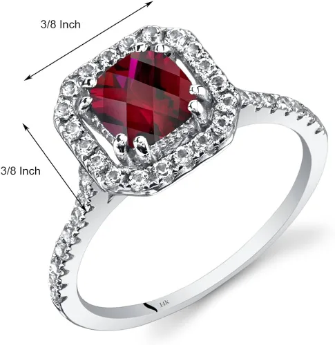 Vista 2 de Peora Anillo de rubí creado para mujer, oro blanco de 14 quilates con topacio blanco auténtico, corte de cojín de 1 quilate de 0.23 pulgadas, diseño