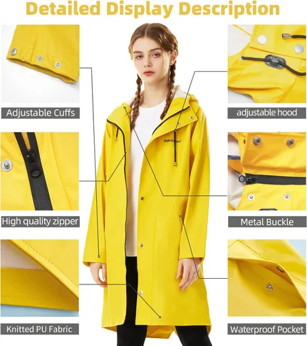 Vista 3 de Chubasquero para mujer, impermeable, con capucha, abrigo de senderismo, ligero, rompevientos, gabardina