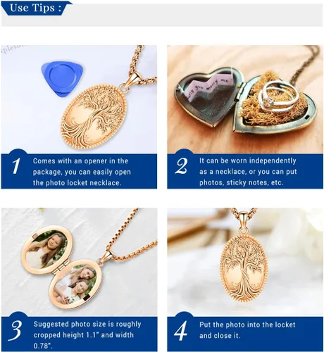 Vista 4 de Eusense Collar con medallón que sostiene imágenes de plata de ley 925 con medallón de fotos para mujeres y hombres, dorado