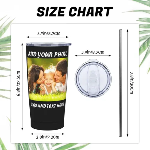 Vista 3 de Vaso de café personalizado con imagen, texto, nombre, logotipo, foto personalizada, vaso de acero inoxidable de 20 onzas con tapa y aislamiento al