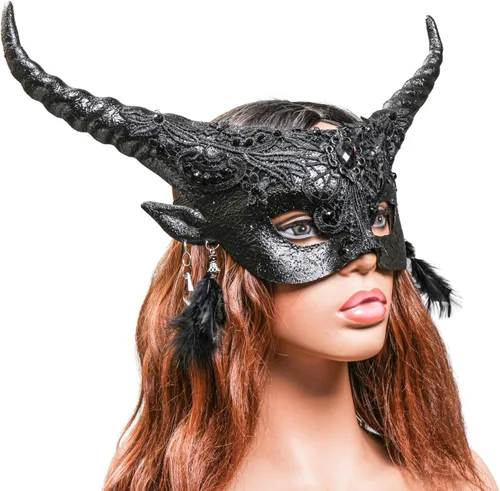 Vista 6 de Máscara de baile de graduación de Halloween, máscara de ojos retorcida de cuerno de diablo largo Krampus Cosplay máscara