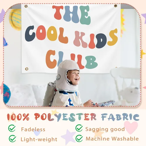Vista 4 de Yinkin Playroom Decor The Cool Kids Club - Pancarta de pared de 36 x 26 pulgadas, diseño de arco iris, lindo y colorido tapiz para colgar